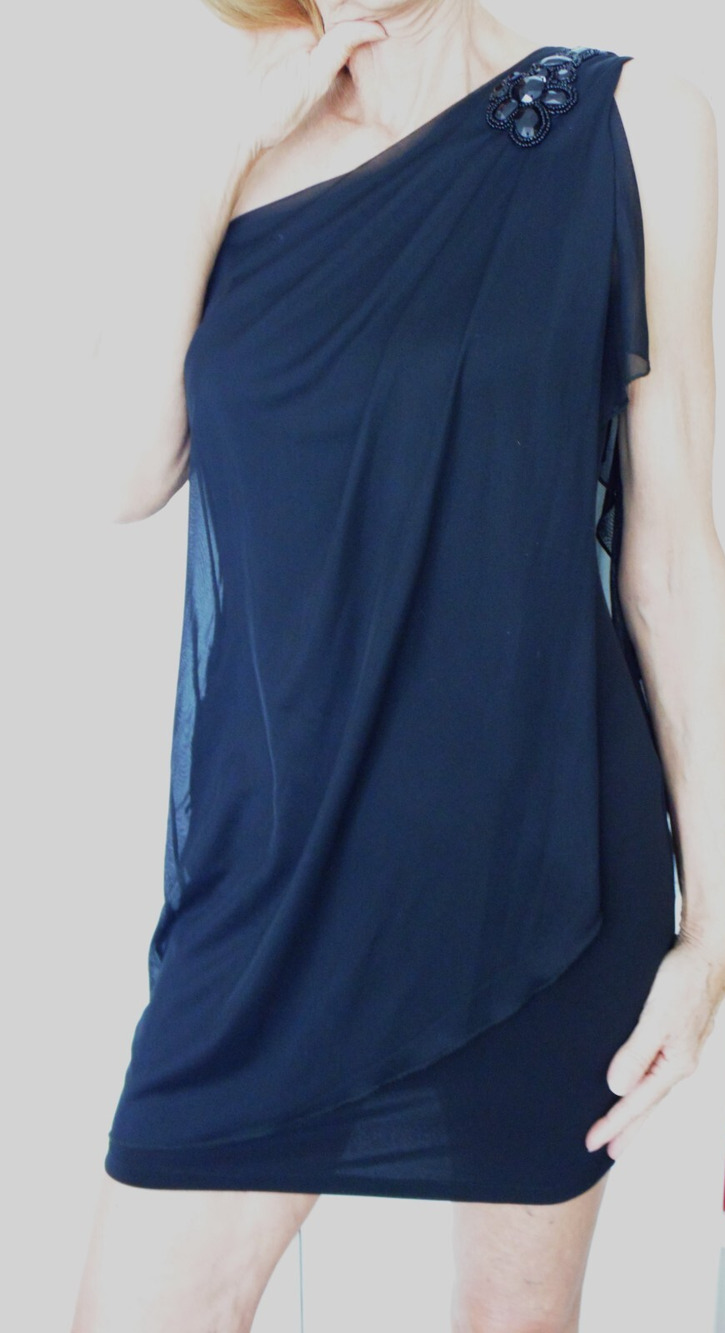 Vtg Sweet Storm Black Mini Chiffon Party Dress Off Shoulder Drap Bodycon Women M